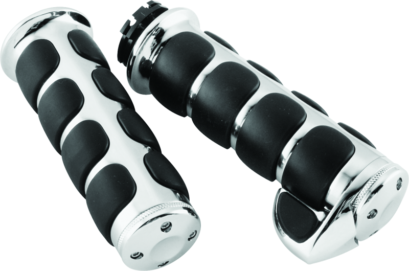 Chrome Kuryakyn ISO grips with throttle boss for dual cable Harley motorcycle handlebars, featuring ergonomic design and textured surface.