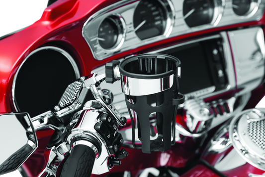 Kuryakyn Reflex Drink Holder Perch Mount in chrome, adjustable beverage mount for powersports vehicles, securely attaching to handlebars.