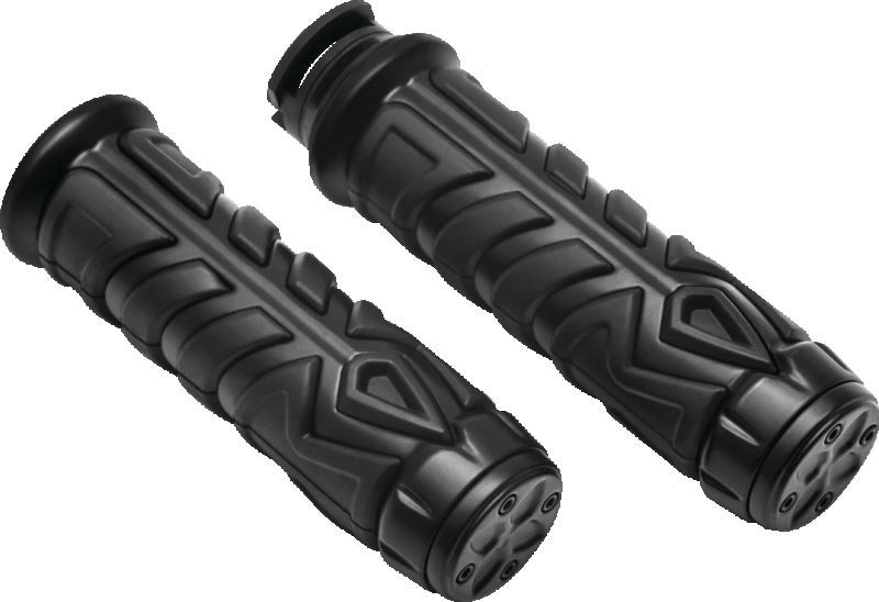 Kuryakyn Spear Grips for Indian Scout with arrowhead end caps, modern vibration reduction, black finish, stylish motorcycle handlebar grips