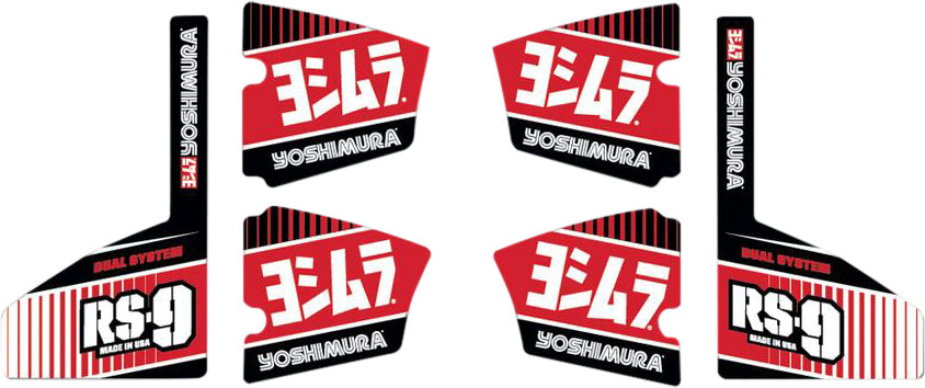 Set of six YOSHIMURA RS9-NB004 muffler decals featuring bold black and white Yoshimura logo designs on a white background.