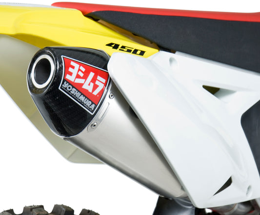 YOSHIMURA RS-4 exhaust system with stainless steel header, canister, and carbon fiber end cap, shown on a motorcycle.