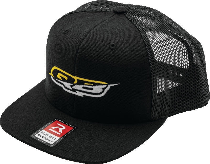 QuadBoss logo flatbill cap in classic trucker style with adjustable snapback, featuring a curved brim and breathable mesh panels.