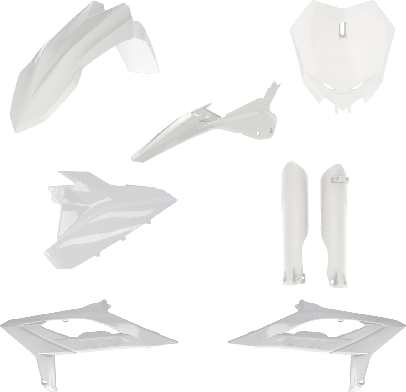 ACERBIS full replacement body kit in white for motorcycles, featuring sleek, aerodynamic design and high-quality construction.