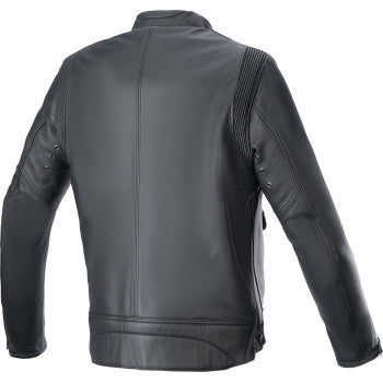 Alpinestars Dyno Leather Jacket in black, 4XL size, featuring sleek design and protective padding, displayed on a mannequin.