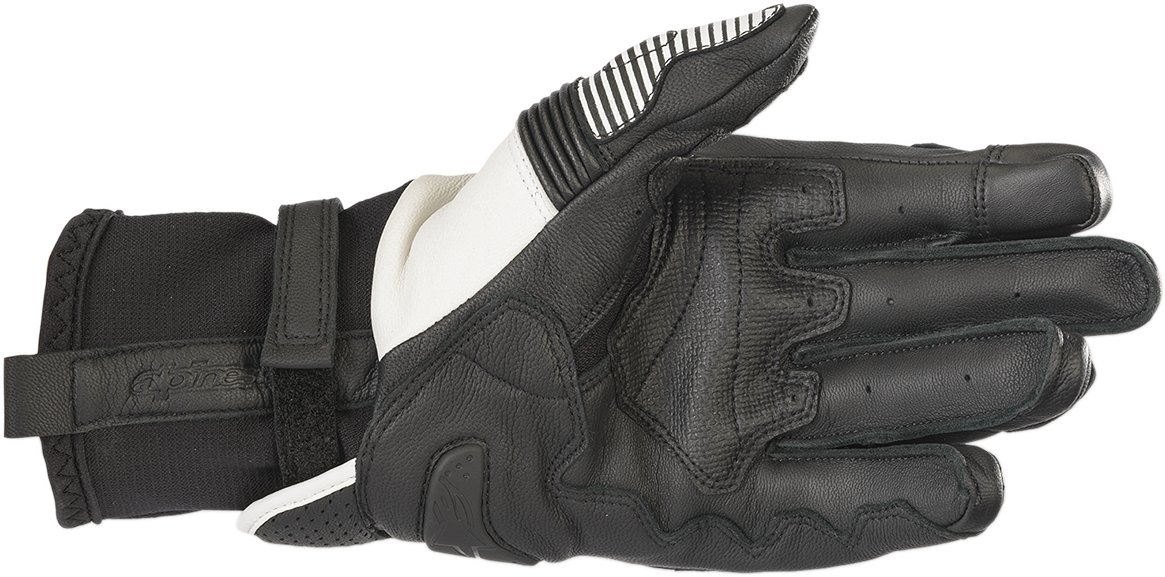 Alpinestars GPX V2 motorcycle gloves in black and white, size 3XL, featuring protective knuckles and adjustable wrist straps.