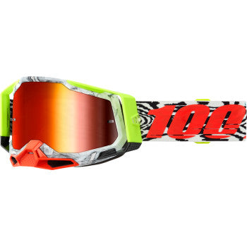 Bill's Exhausts Racecraft 2 goggles with red mirror lenses, showcasing their sleek design and adjustable strap for racing.