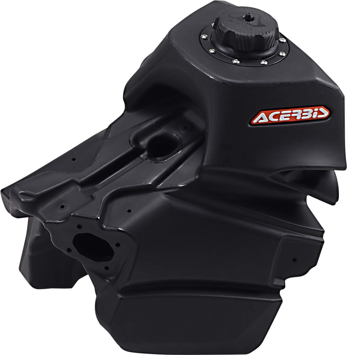 Black Acerbis gas tank for KTM motorcycles, 3.9-gallon capacity, durable body design for off-road and motocross bikes.