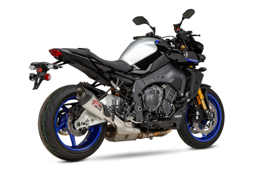 YOSHIMURA RS-12 ADV AT2 street exhaust with matte carbon fiber end cap, designed for motorcycle performance and style.