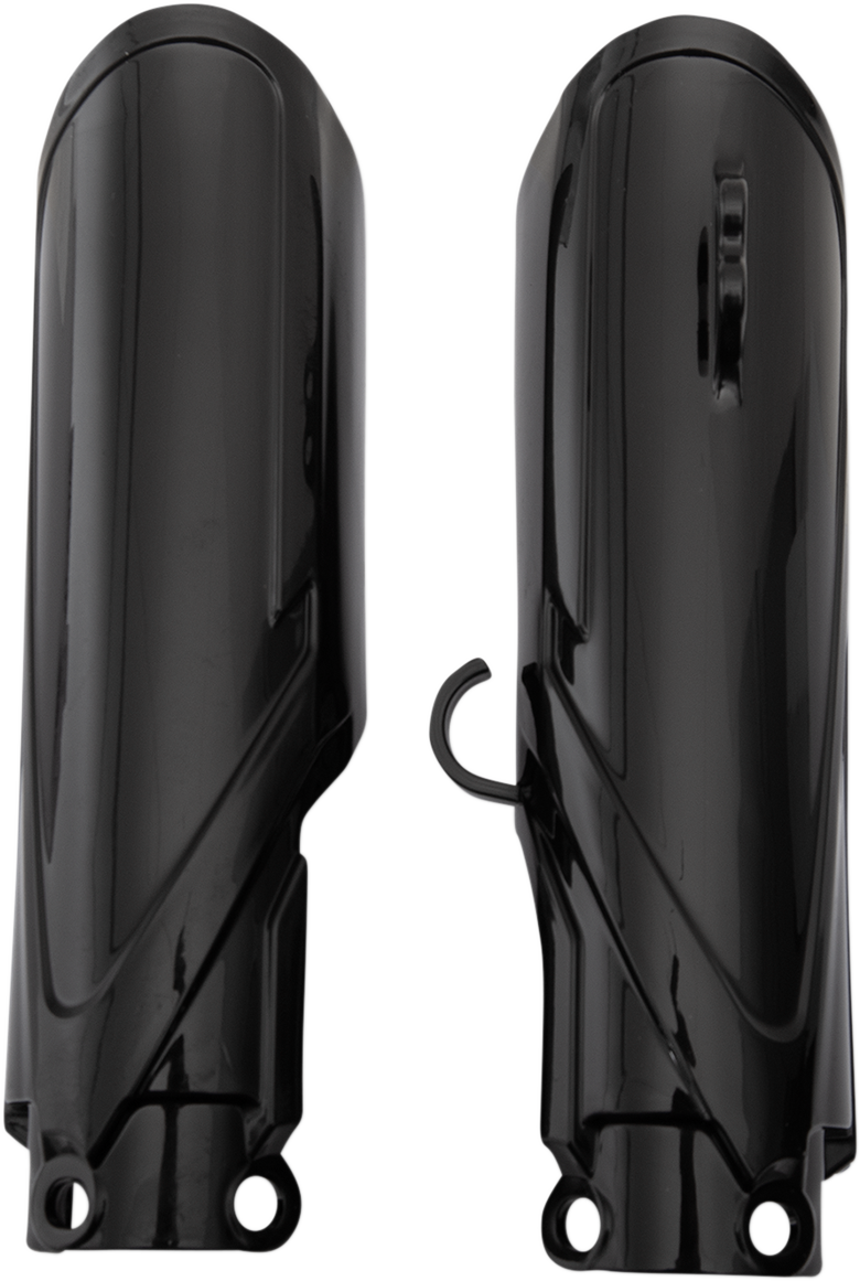 Acerbis black lower fork covers for motorcycle suspension, showing smooth black plastic body with mounting details.