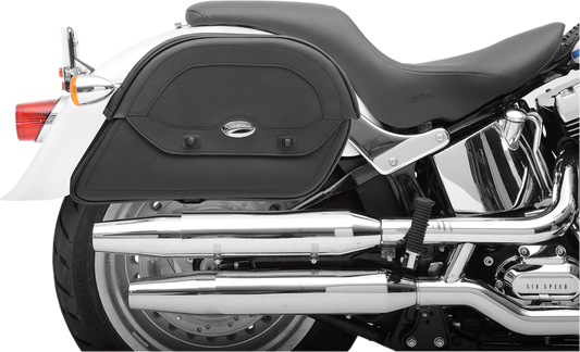 Bill's Exhausts Custom Fit Cruis'n Saddlebag seat for motorcycles, large size with detailed leather and stitching design.