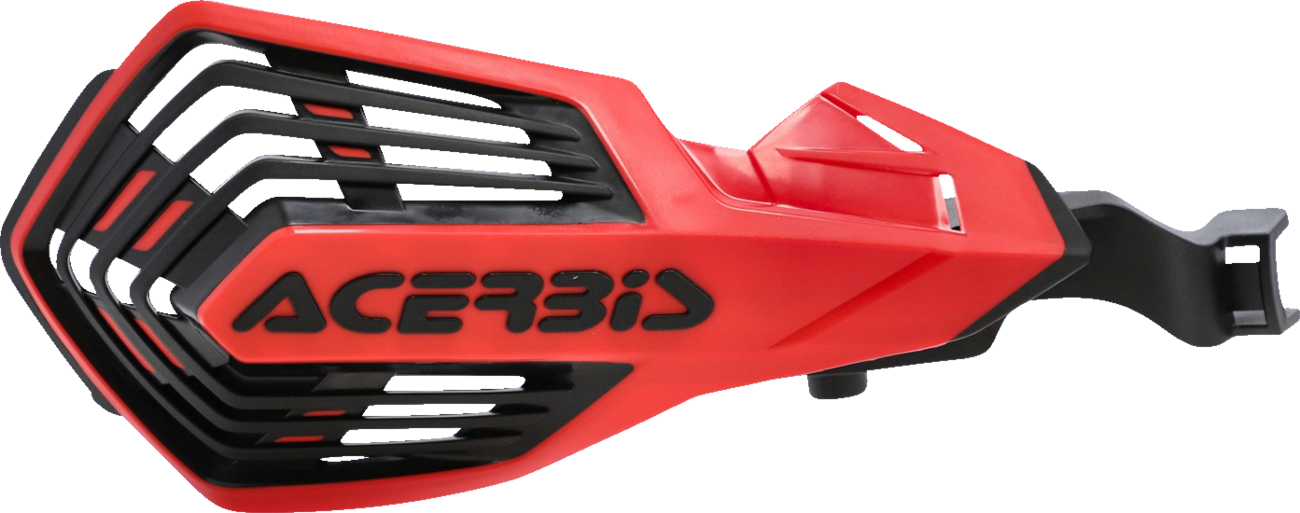 A close-up of ACERBIS K-Future handguards in red and black mounted on motorcycle handlebars.