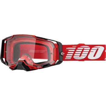 Bill's Exhausts 100% Armega Red Goggles with clear lenses, designed for sports or outdoor activities.