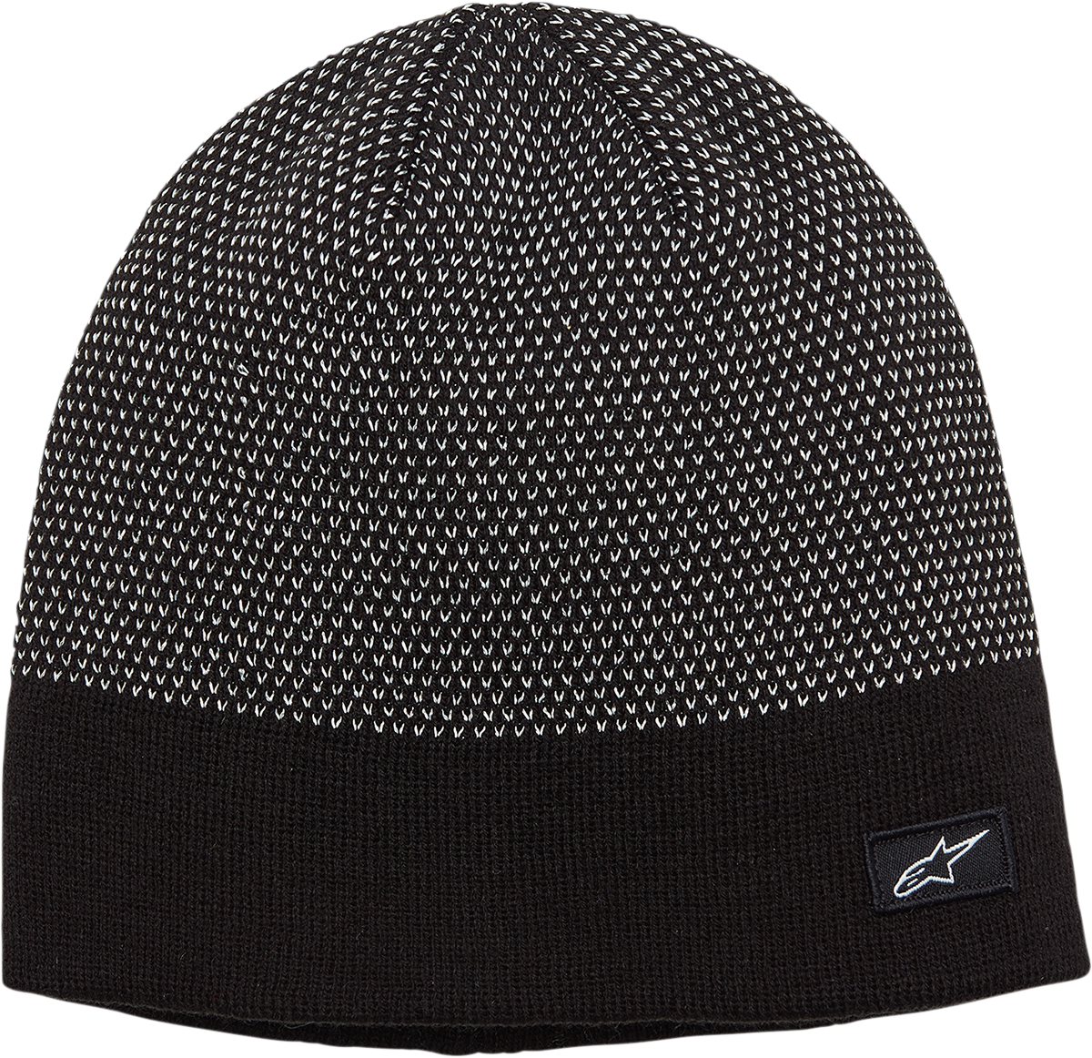 Black ALPINESTARS Reflect beanie, one size, soft knit material, featuring the ALPINESTARS logo, designed for warmth and style.