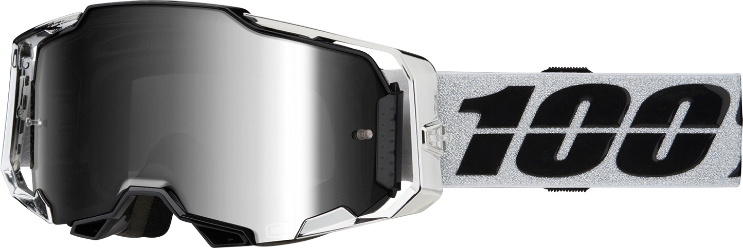 Bill's Exhausts 100% Armega Goggles Atac Silver Mirror with reflective lenses and adjustable strap for eye protection.