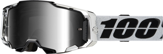 Bill's Exhausts 100% Armega Goggles Atac Silver Mirror with reflective lenses and adjustable strap for eye protection.