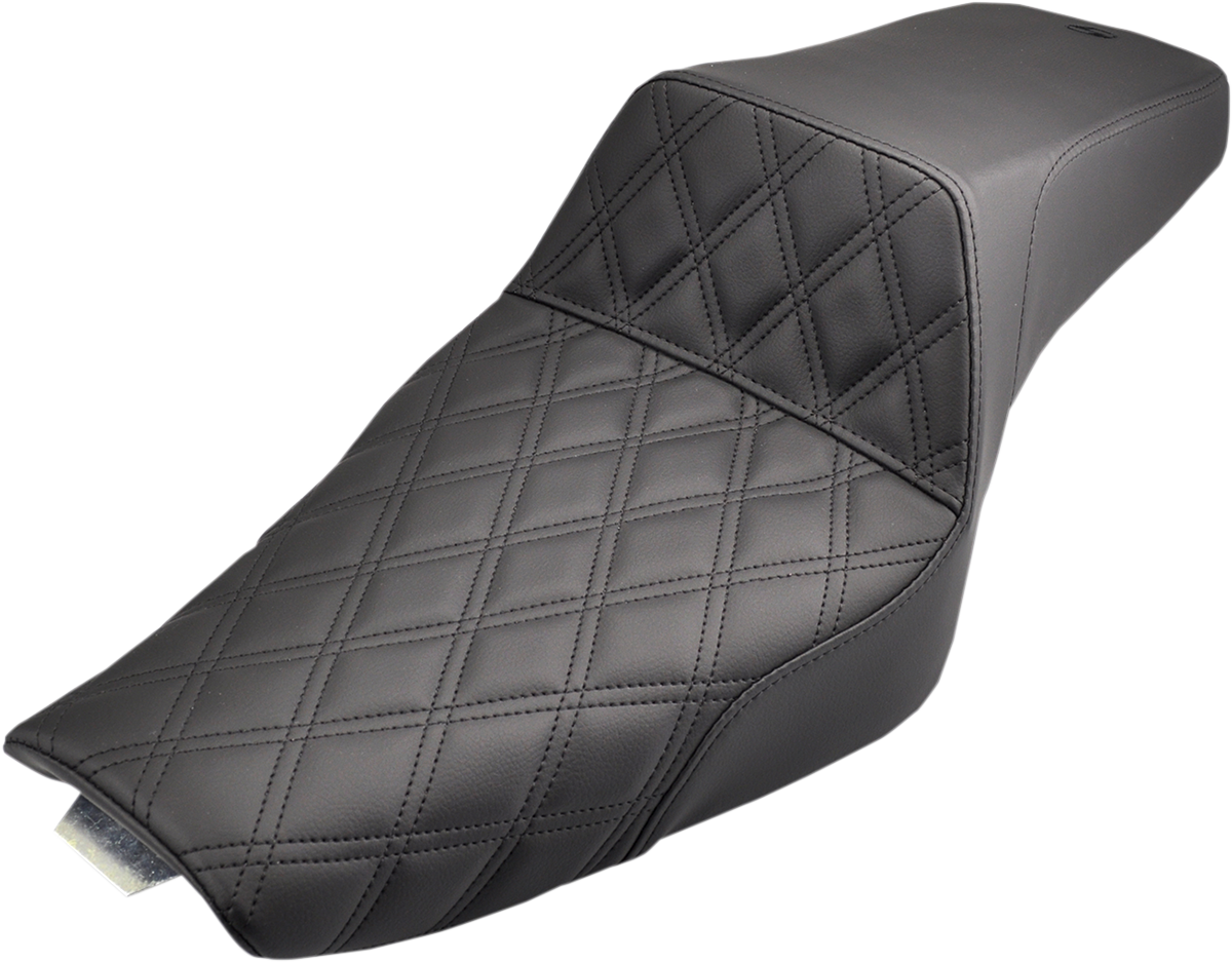 Black SADDLEMEN Step-Up Seat for motorcycles, front lattice stitch design, XL size, by Bill's Exhausts.