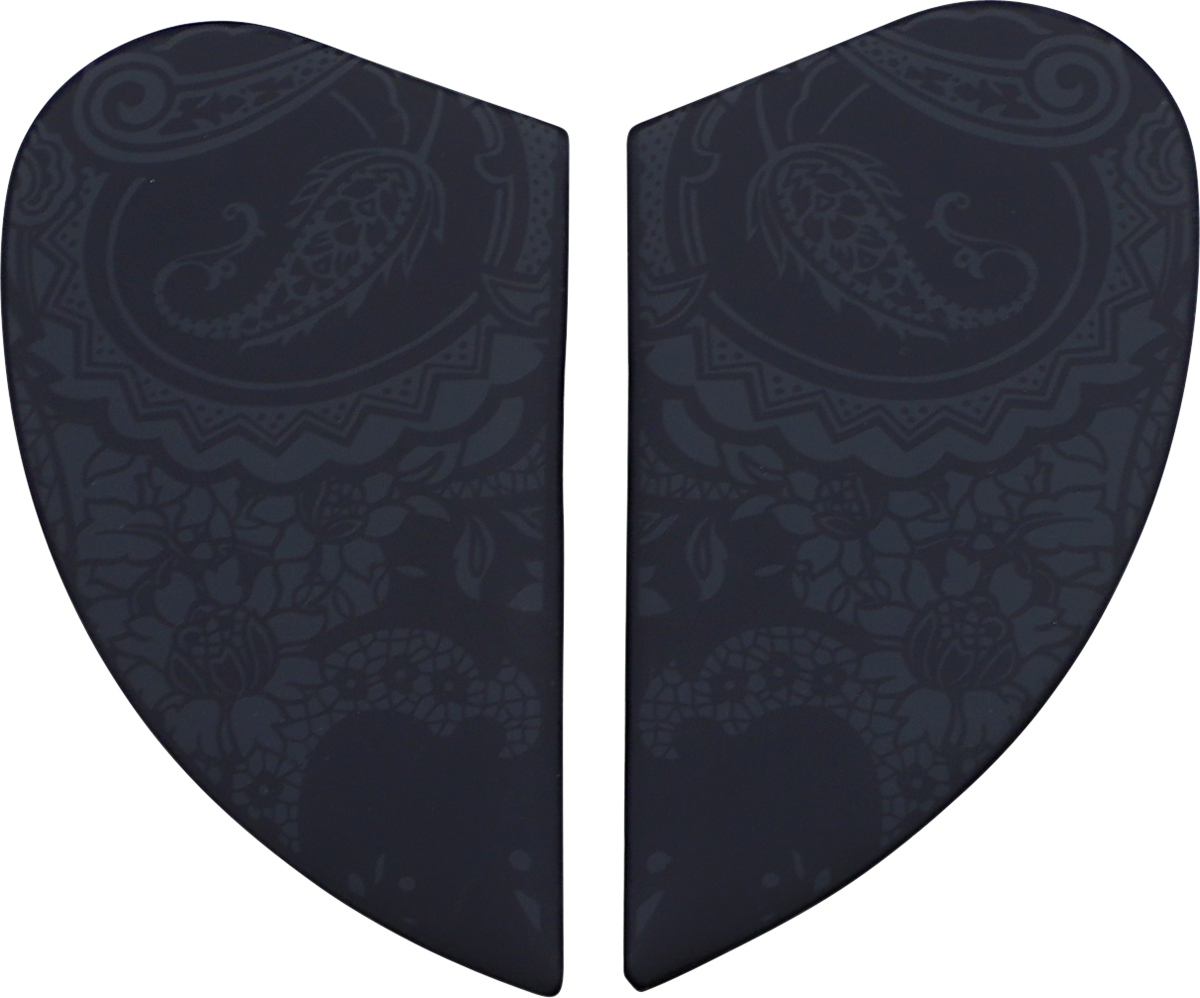 Black ICON Airform™ side plates for helmets, Chantilly design, compatible with Bill's Exhausts helmet parts, shown in close-up image.