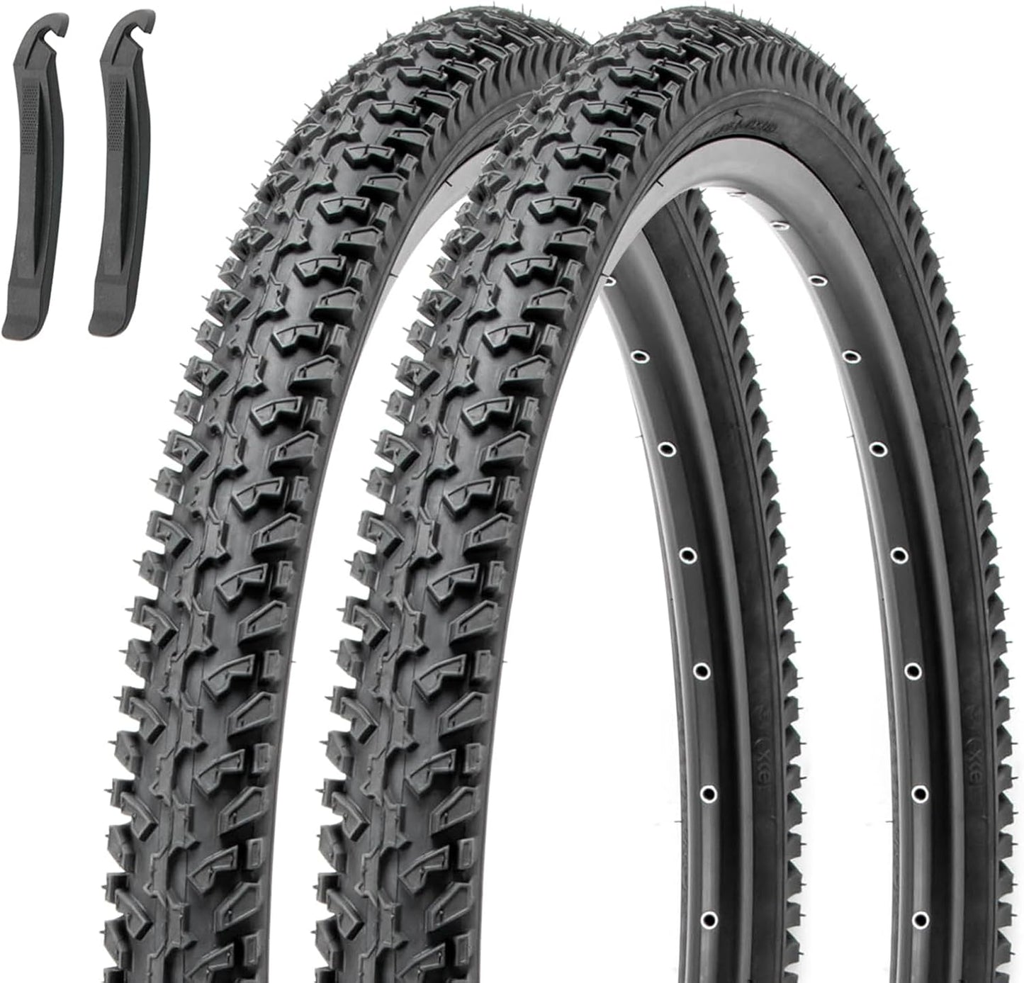 Hycline Ravine Trail 26-inch mountain bike tire with knobby tread for off-road riding, shown mounted on a bike wheel.