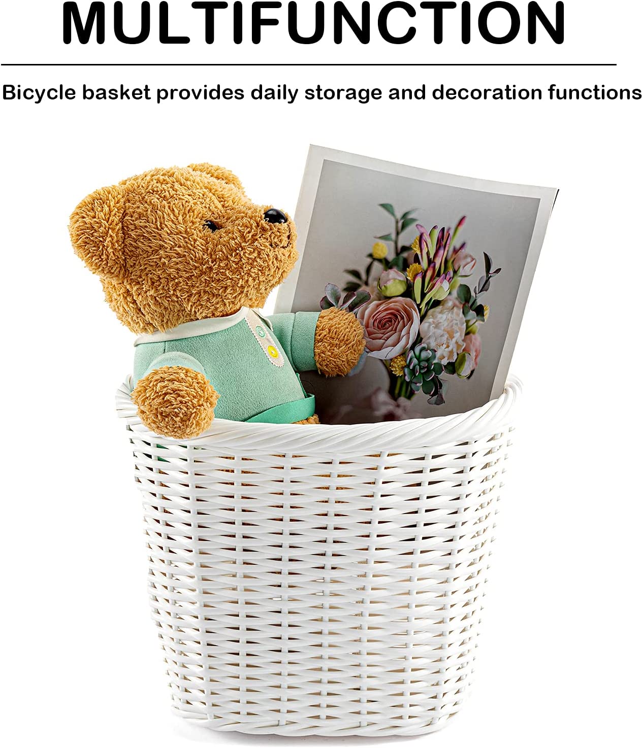 Hycline bicycle front handlebar basket for adults and kids, made of woven material, mounted on a bike handlebar for storage.