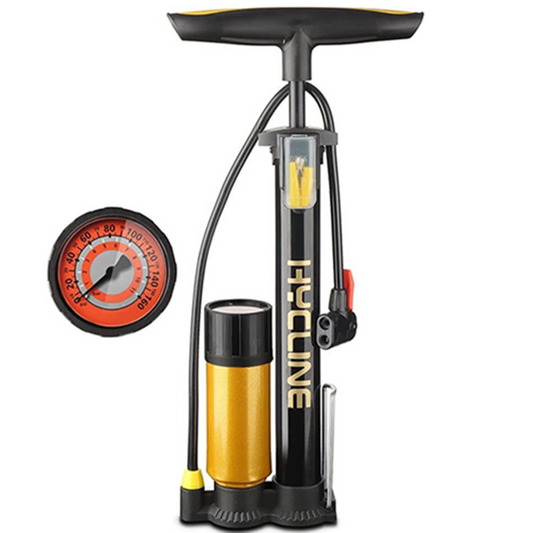 Hycline gauge booster bike pump with digital pressure gauge and flexible hose for precise bicycle tire inflation.