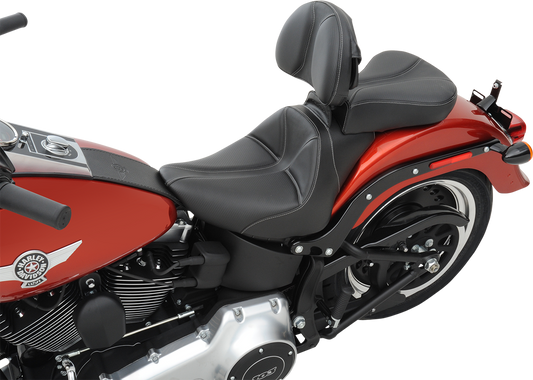 Black Saddlemens Dominator Solo Seat with gray stitching for FL/FX bikes 2006-2017, featuring stitched upholstery and sleek design.