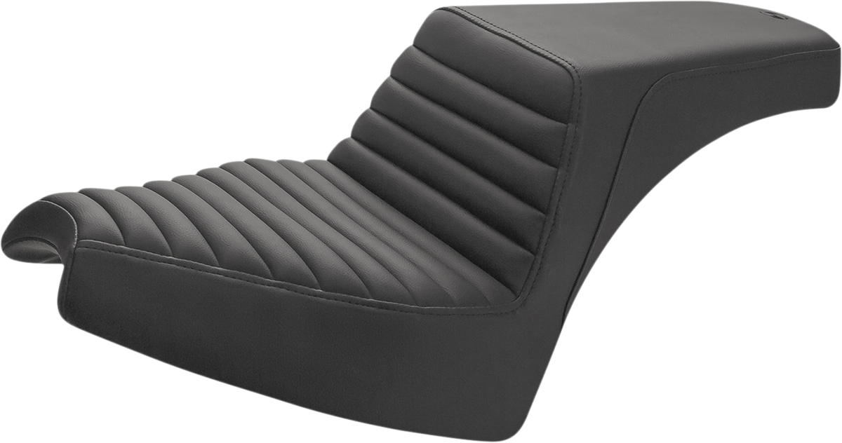 Bill's Exhausts SADDLEMEN Step Up Seat front tuck-n'-roll and rear smooth seat in black for motorcycle, detailed stitching visible.