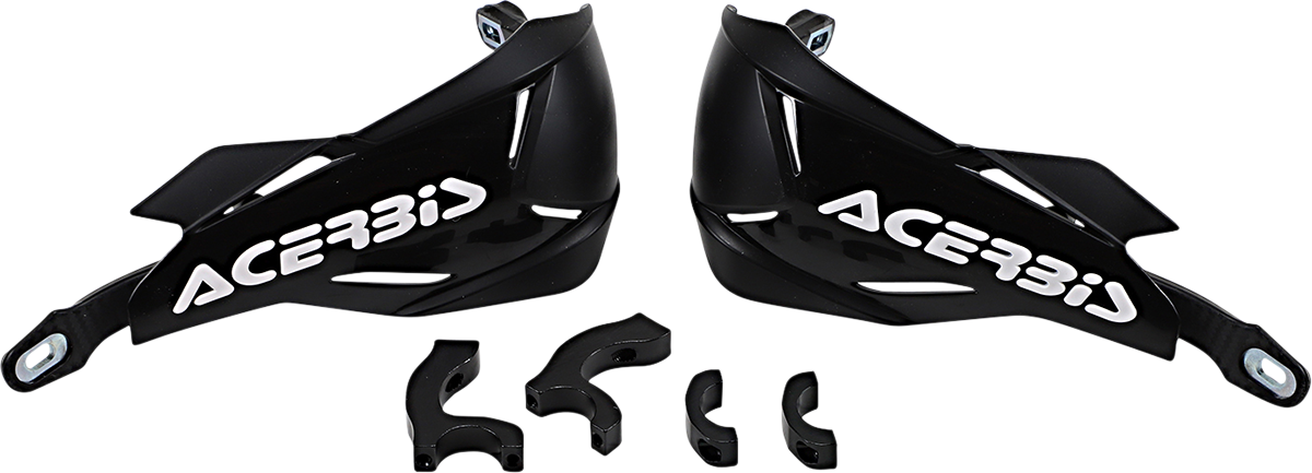 Acerbis X-Factory black handguards on a motorcycle handlebar, providing protection and style for off-road riding.