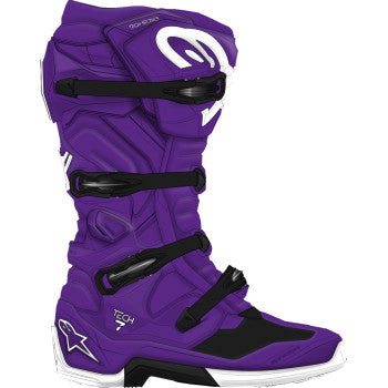 Alpinestars Tech 7 motorcycle boots in purple, US 13, with reinforced ankle protection and durable sole design.