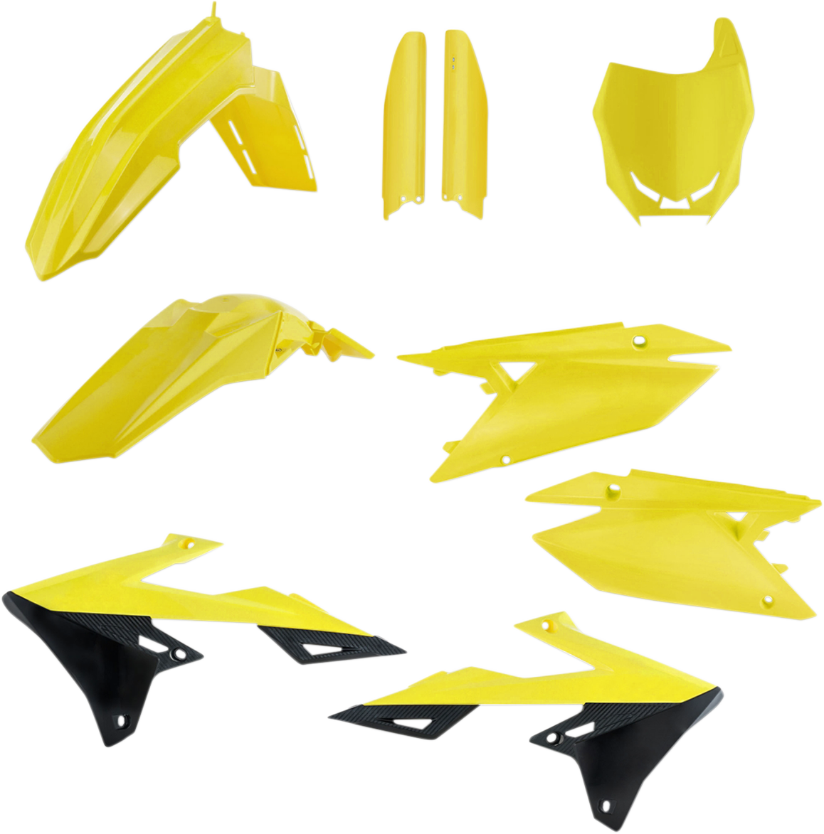 Acerbis fluorescent yellow full replacement body kit for motorcycles, showing assembled body panels with brand-specific design.