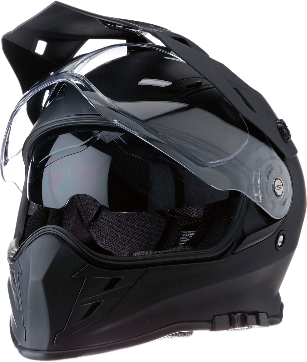 Z1R Z1R Range Dual Sport helmet in flat black, size XS, showing the sleek aerodynamic design and secure strap details.