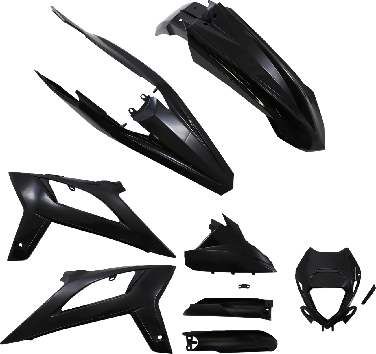 Black ACERBIS standard replacement body kit for motorcycles, featuring durable and sleek body parts, shown in the image.