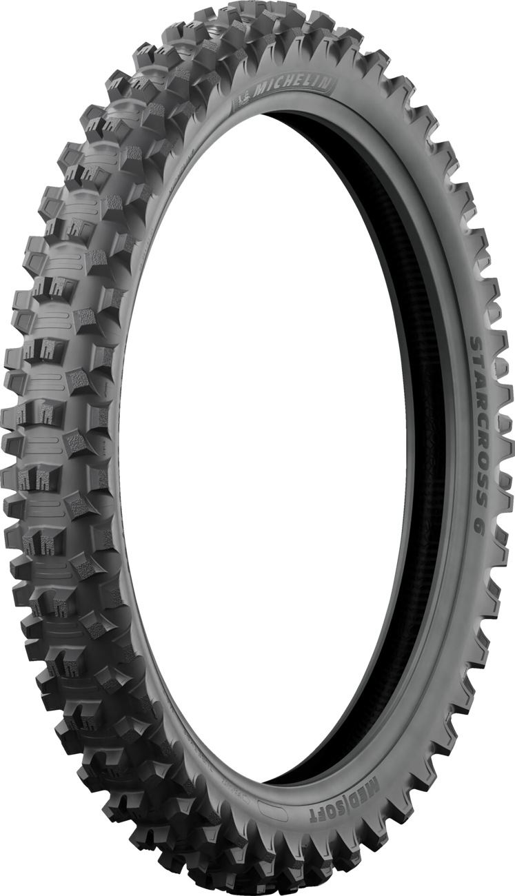 Michelin StarCross 6 Medium Soft front motorcycle tire, 80/100-21 size, with tread pattern suitable for off-road riding.
