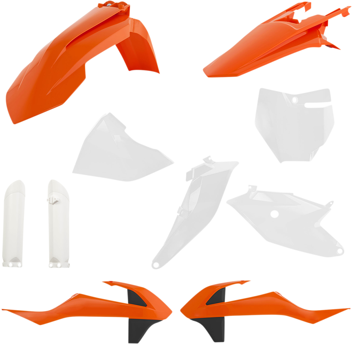 Acerbis full replacement motorcycle body kit in OEM orange, white, and black with aerodynamic design and branding details.