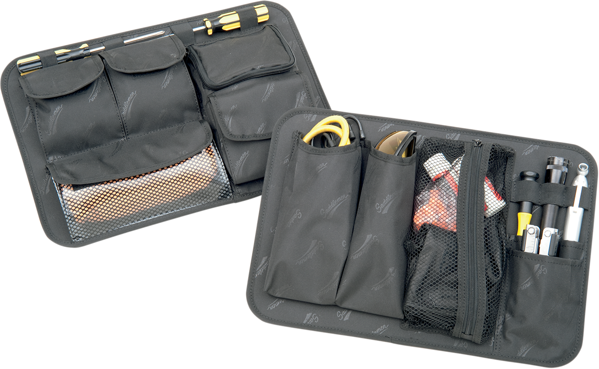 Bill's Exhausts Saddlemen Saddlebag Lid Organizer for seats, showing a durable black storage accessory for motorcycle saddlebags.