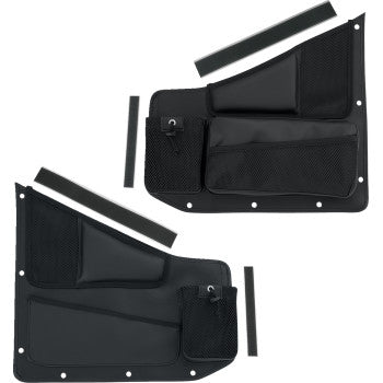 Black SHOW Chrome Kaliber Side Organizer for Polaris Slingshot, driver and passenger side, designed for Bill's Exhausts accessories.