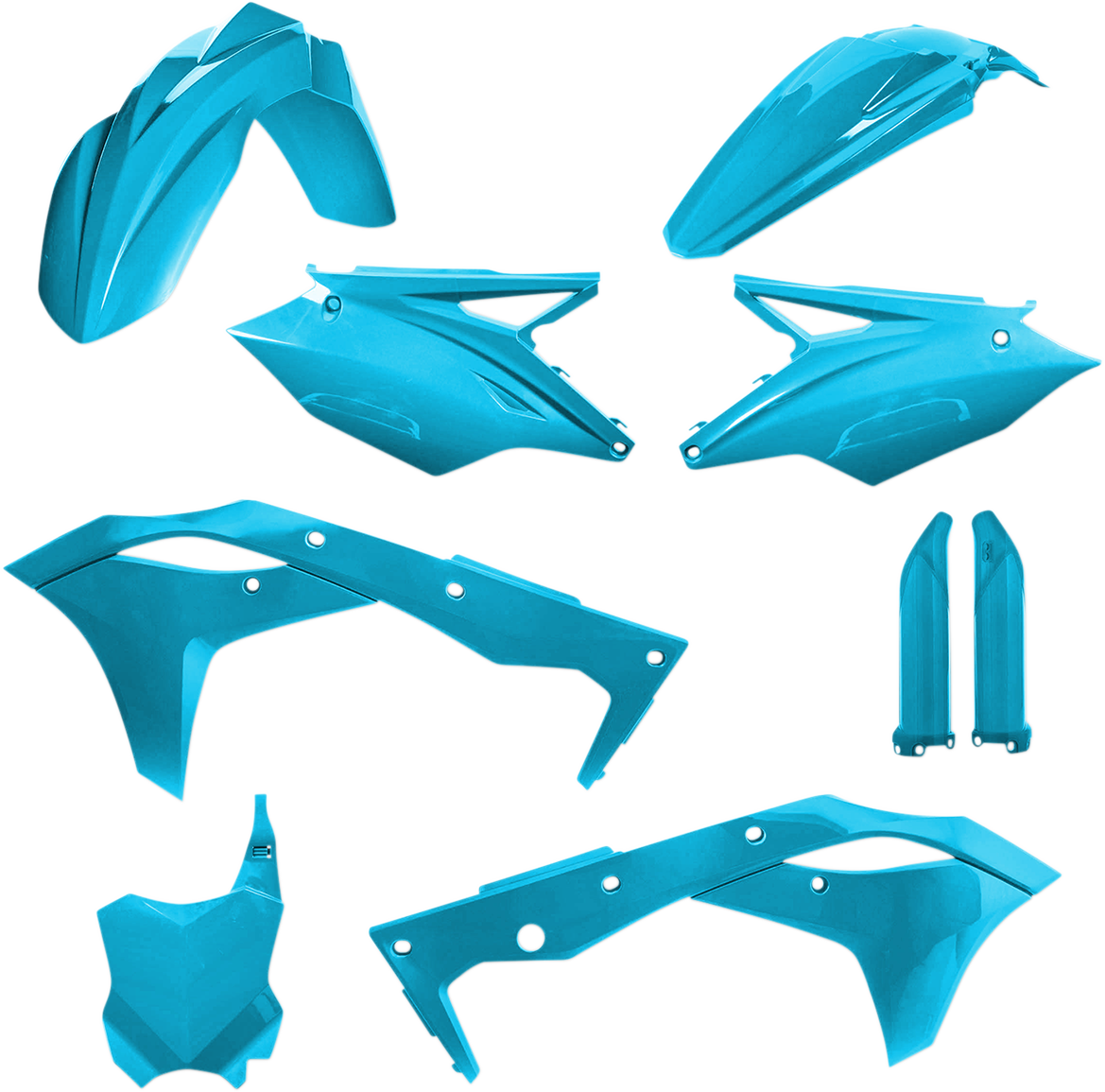 Light blue Acerbis full replacement body kit for motorcycles, featuring detailed body panels and sleek design.