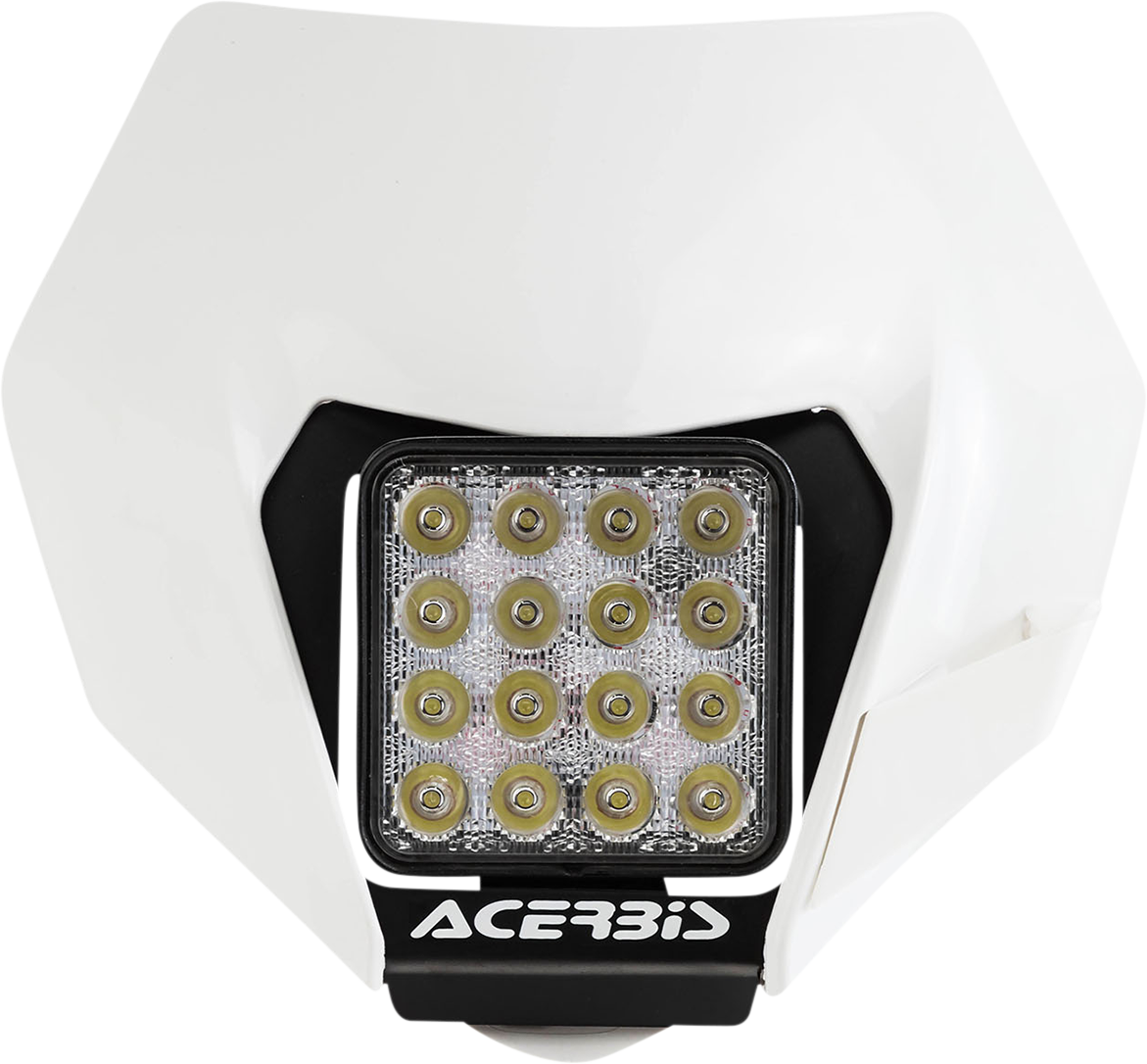 A white ACERBIS universal headlight for motorcycle, with a sleek body design and clear lens, on a neutral background