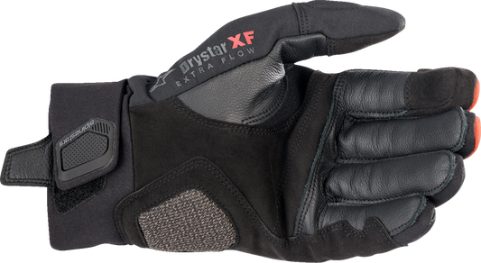 Alpinestars Hyde XT DrystarXF® motorcycle gloves in fire red and black, size XL, showing reinforced knuckles and adjustable wrist straps.