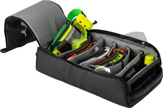 Black Scott goggle case holding six pairs, designed for safe storage and protection of goggles and small engine accessories.