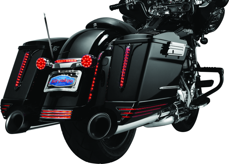 Chrome Kuryakyn rear fender accents for Harley Davidson FLHX and FLTR models, adding stylish detail to motorcycle fenders.