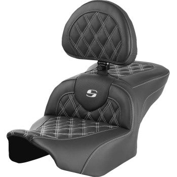 Bill's Exhausts SADDLEMEN RoadSofa™ motorcycle seat with backrest, white lattice stitch for FLTR/FLHX 2023-2024 models