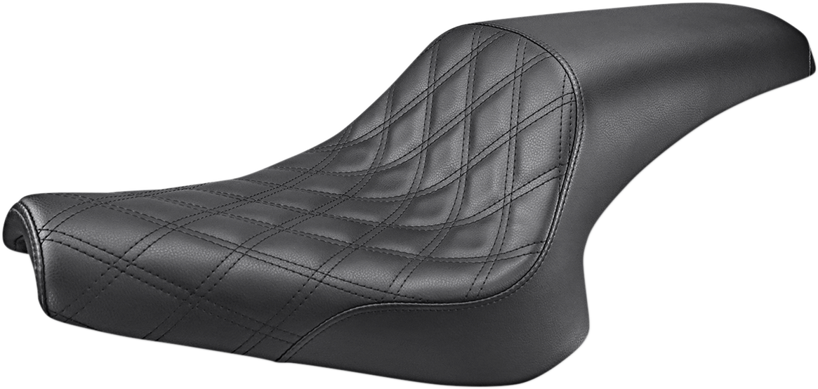 Black SADDLEMEN Profiler 2-Up motorcycle seat with front lattice stitch design, compatible with Bolt Y13-16-149, by Bill's Exhausts.