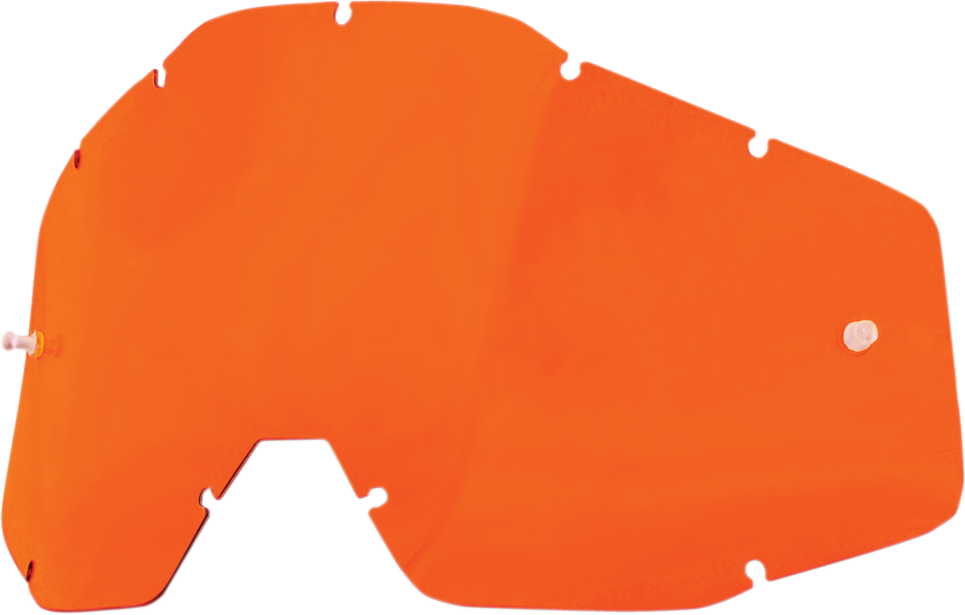 Orange 100% Accuri, Strata, Racecraft motorcycle lens by Bill's Exhausts, shown in a close-up image.