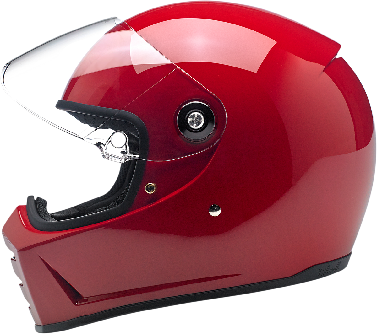 Bill's Exhausts BILTwell Lane Splitter helmet in gloss blood red, XL size, with a sleek motorcycle helmet design.