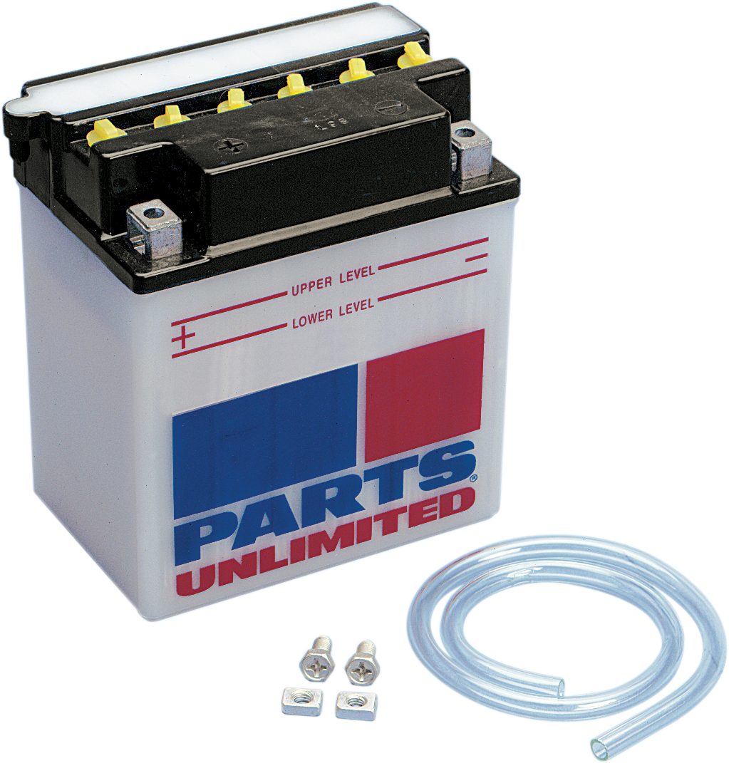 Parts Unlimited heavy-duty motorcycle battery YB10A-A2 CB10A-A2 showing terminals and compact design for reliable powersports energy.