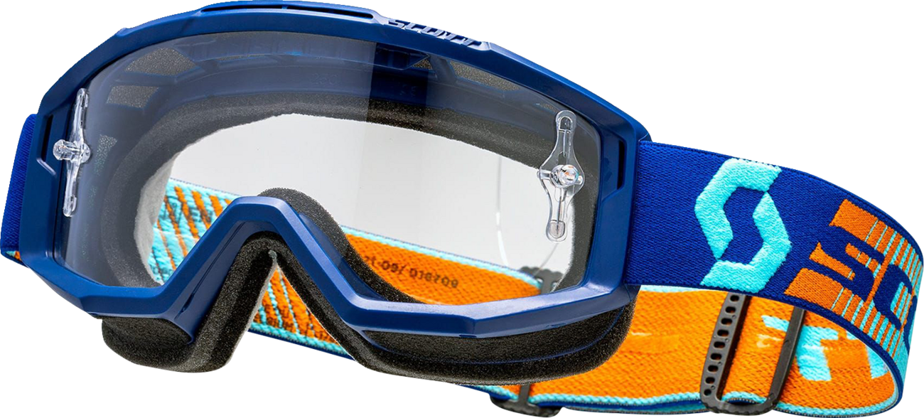 Scott Split OTG goggles in royal blue and orange with clear lenses, designed for comfortable over-the-glasses wear.