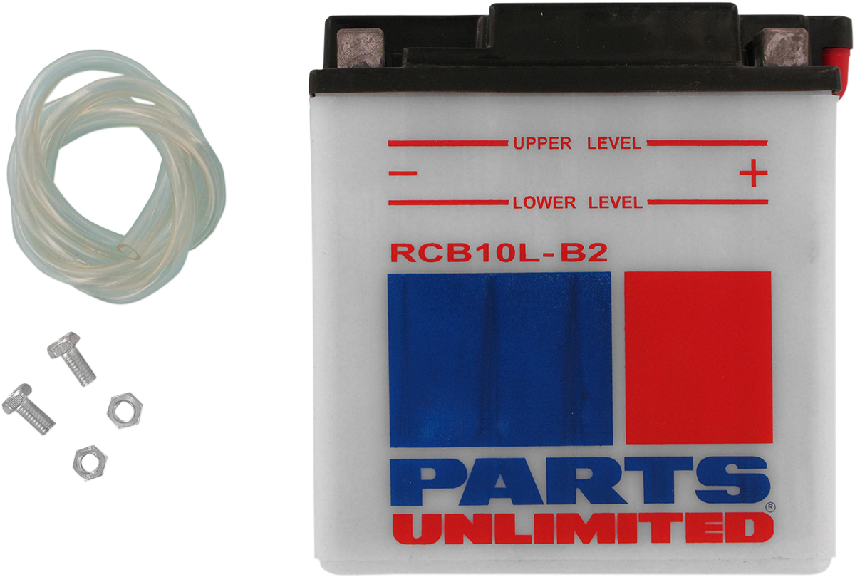 Heavy-duty motorcycle battery by PARTS UNLIMITED with anti-sulfation technology, designed for reliable power and durability.