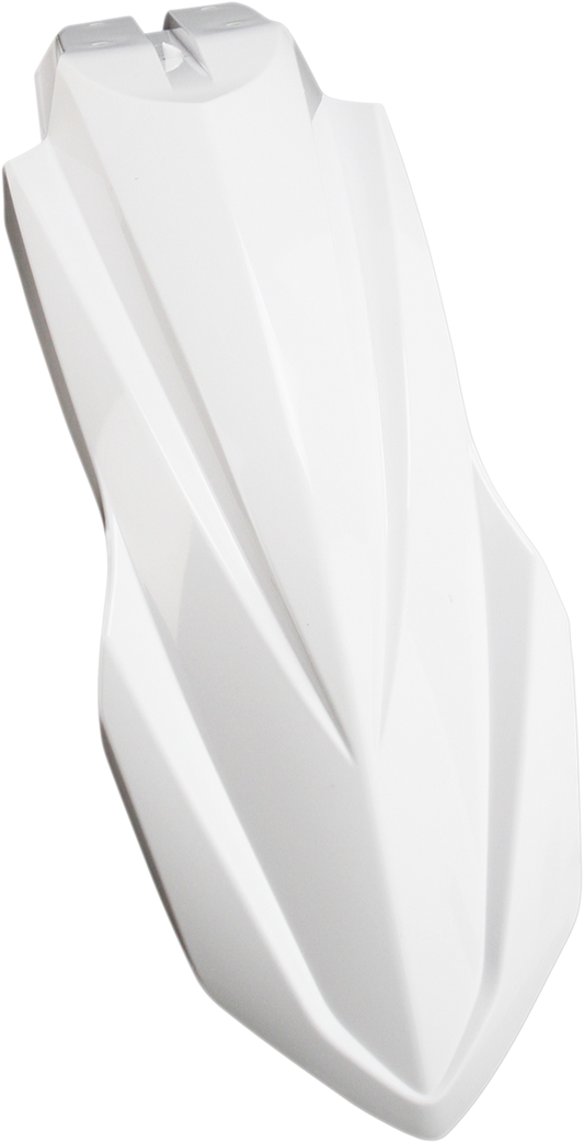 White Acerbis front fender for motorcycle, body part with Acerbis branding, designed for off-road or motocross bikes.