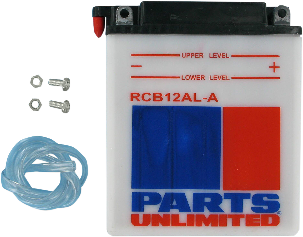 Heavy-duty motorcycle battery from PARTS UNLIMITED, model YB12AL-A CB12AL-A, with visible terminals and durable casing.