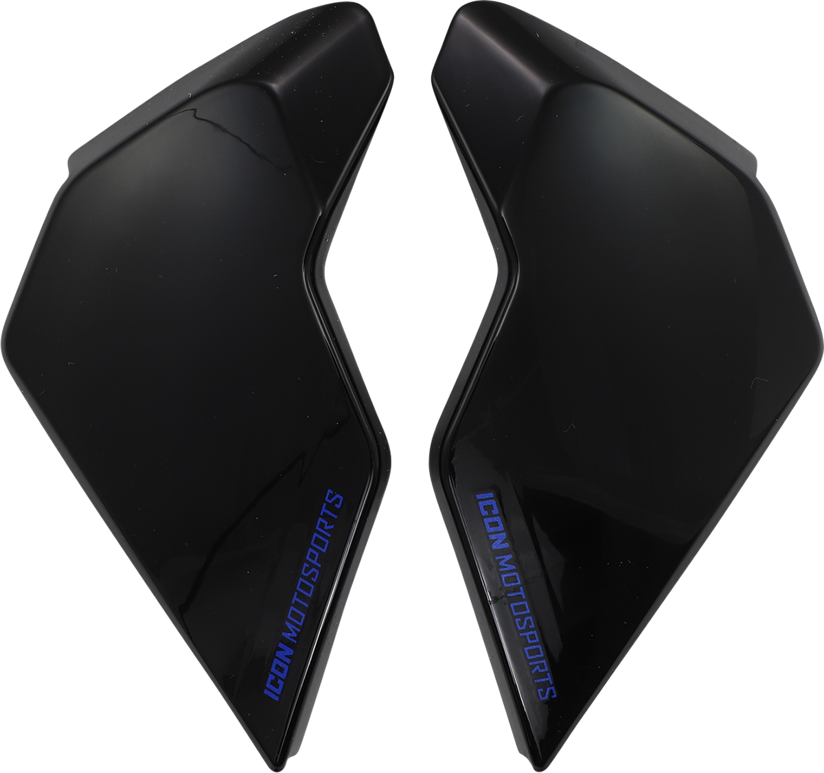 Blue ICON Airflite™ Side Plates for Crosslink helmets, featuring detailed design and branding, compatible with Bill's Exhausts.